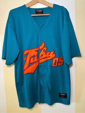 Vtg 90s FUBU The Collection Baseball Jersey Teal Orange Script 05 Patch Small⁠
